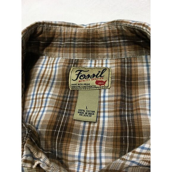 Fossil Pearl Snap Shirt L Men's Brown Plaid L/S Disco Western Cowboy Chest 47" - Picture 3 of 9